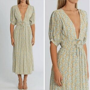 Faithfull the Brand Patrinico Floral Midi Dress Yellow Size 10 Sabinosa Floral
